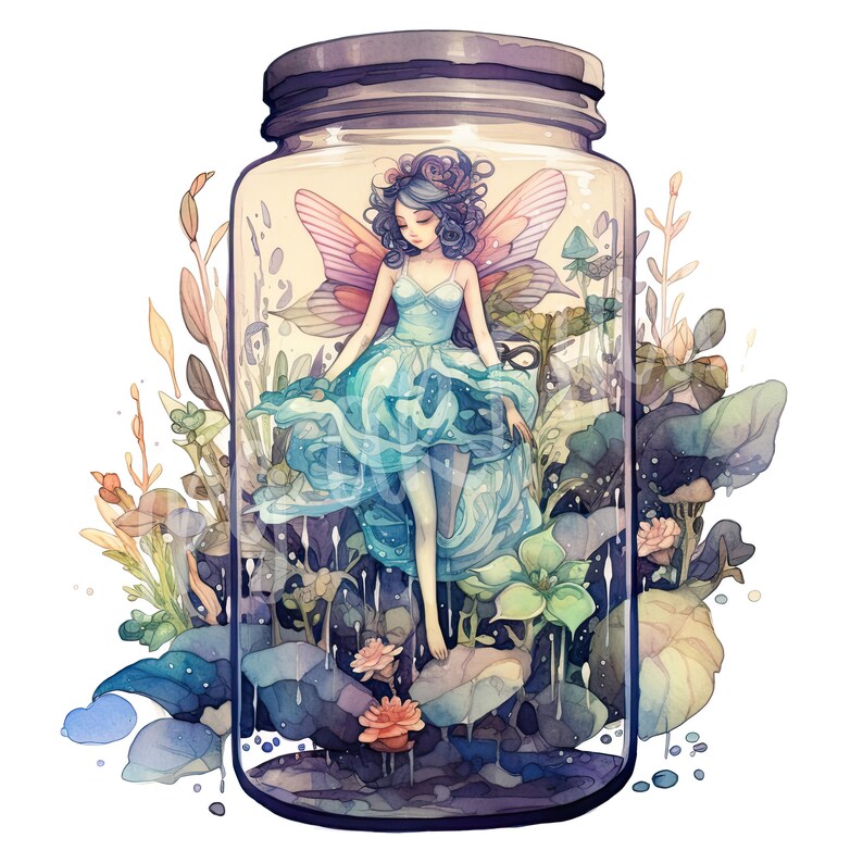 Watercolor Fairy Girl in a Jar Clipart, Fantasy Clipart, Fairy Girl ...