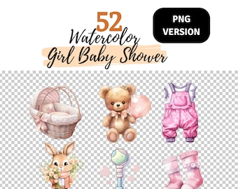 Watercolor Girl Baby Shower Clipart, Girl Clipart, Baby Clipart PNG, Newborn Nursery, Gender Reveal, Babyshower Clipart, Digital Download