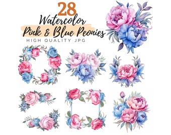 Watercolor Blue & Pink Rococo Peonies Clipart, Floral Clipart, Digital Download, Peony Flowers, Wedding Clipart, Peonies Watercolor