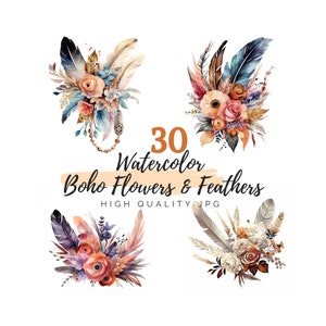Boho Floral Feathers Bouquet Clipart, High Quality JPG, Digital Download, Watercolor Clipart, Flowers Clipart, Bohemian Clipart, Scrapbook