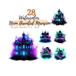Watercolor Neon Haunted Mansion Clipart, Halloween Clipart, High Quality JPG, Digital Download, Watercolor Clipart, Spooky house clipart