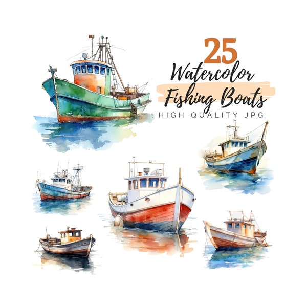 Watercolor Fishing Boats Clipart Bundle, Sea Clipart, High Quality JPG, Beach Clipart, Digital Download, Watercolor Clipart, Commercial Use