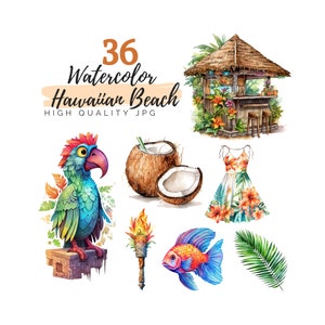 Imágenes prediseñadas de playa hawaiana de acuarela, imágenes prediseñadas de Hawái, imágenes prediseñadas de verano, descarga digital, imágenes prediseñadas tropicales, cócteles de verano, playa de la isla de Hawái