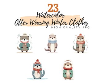 Scandinavian Otter with Winter Clothes, High Quality JPG, Digital Download, Watercolor Clipart, Otter Clipart, Scandinavian Clipart