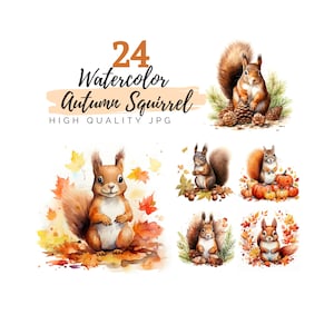 Aquarelle Automne Écureuil Clipart, JPG de haute qualité, Téléchargement numérique, Aquarelle Clipart, Fabrication de cartes, Écureuil Clipart, Junk Journal