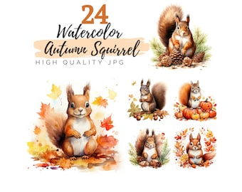 Watercolor Autumn Squirrel Clipart, High Quality JPG, Digital Download, Watercolor Clipart, Card Making, Squirrel Clipart, Junk Journal