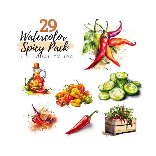 Watercolor Chilli Pepper Clipart Bundle, Spicy Clipart, Mexican Clipart, Digital Download, Cooking Clipart, Food Clipart, Pepper Clipart