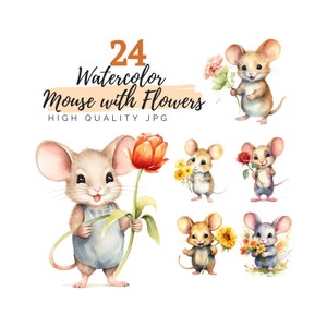 Aquarell Maus mit Blumen Clipart, hochwertige JPG, digitaler Download, Aquarell Clipart, Kartenherstellung, Maus Clipart, Scrapbooking
