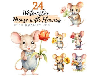 Watercolor Mouse with Flowers Clipart, High Quality JPG, Digital Download, Watercolor Clipart, Card Making, Mouse Clipart, Scrapbooking