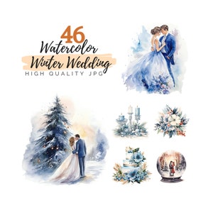 Imágenes prediseñadas de boda de invierno de acuarela, JPG de alta calidad, descarga digital, imágenes prediseñadas de acuarela, imágenes prediseñadas de invierno, fabricación de tarjetas, invitaciones de boda