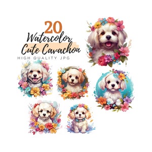 水彩画のかわいいキャバションのクリップアート、子犬のクリップアート、デジタルダウンロード、犬のクリップアート、花柄のキャバション、花柄の子犬、高品質 JPG、ペットのクリップアート