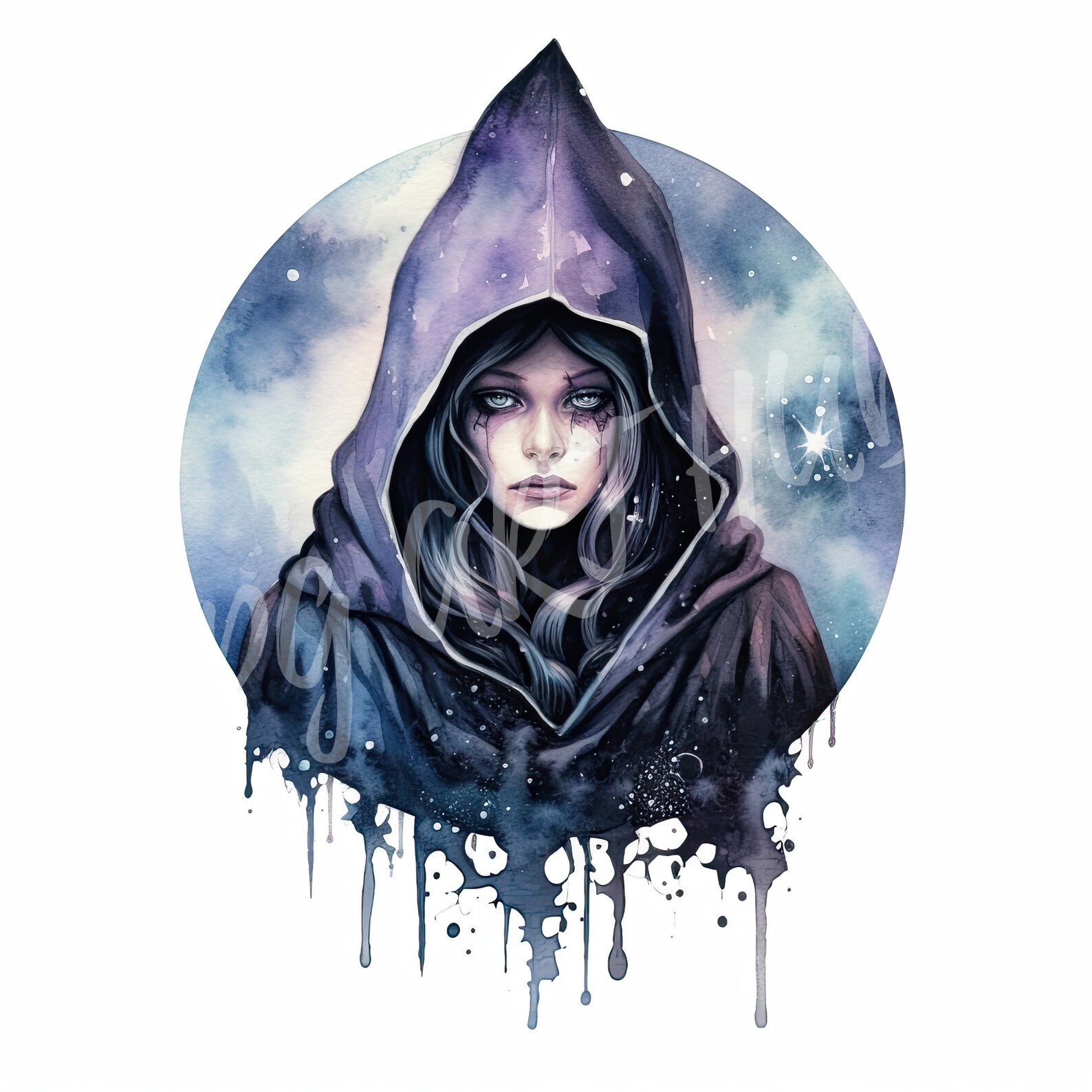 Watercolor Dark Celestial Witch Clipart, Halloween Clipart, Digital ...