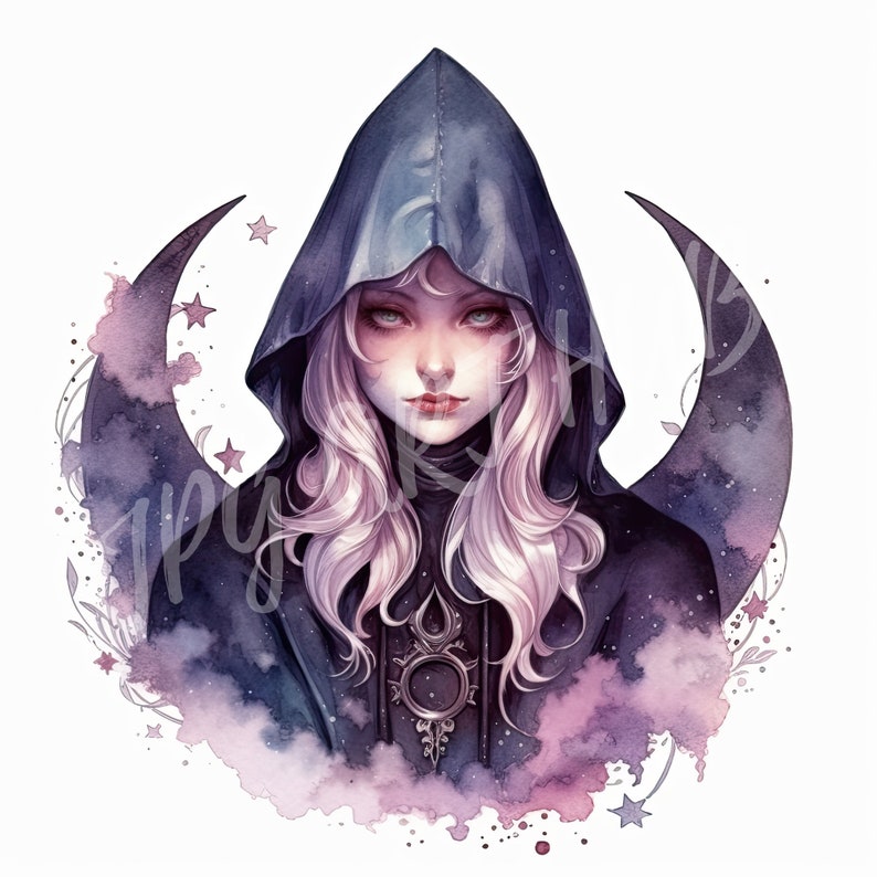 Watercolor Dark Celestial Witch Clipart, Halloween Clipart, Digital ...