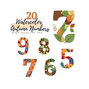 Watercolor Autumn Numbers Clipart, Autumn Clipart, Digital Download, Watercolor Clipart, Floral Clipart, Floral Numbers, Numbers Clip Arts