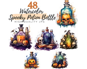 Watercolor Spooky Potion Bottle Clipart, Halloween Clipart, High Quality JPG, Digital Download, Watercolor Clipart, Spooky Clipart, Pumpkins