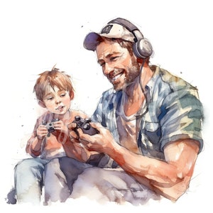 Pode incluir: Um pai e um filho est&atilde;o jogando videogame juntos. O pai est&aacute; vestindo uma camisa xadrez azul e branca e fones de ouvido. O filho est&aacute; vestindo uma camisa vermelha. Ambos est&atilde;o segurando controles de videogame.
