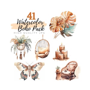 Watercolor Boho Clipart Bundle, Boho Floral,  Digital Download, Boho Bouquet, Bohemian Clipart, Scrapbooking, Feather Clipart, Cottagecore