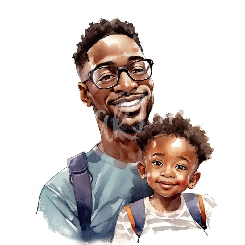 Pode incluir: Uma pintura em aquarela de um homem sorridente com &oacute;culos segurando uma crian&ccedil;a pequena. O homem est&aacute; vestindo uma camisa azul e a crian&ccedil;a est&aacute; vestindo uma camisa listrada com al&ccedil;as laranja.