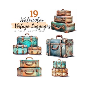 Imágenes prediseñadas de equipaje vintage de acuarela, imágenes prediseñadas de maleta, JPG de alta calidad, descarga digital, imágenes prediseñadas de acuarela, equipaje de acuarela, álbum de recortes