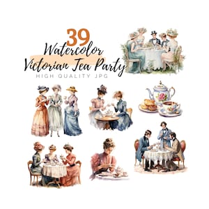 Aquarell viktorianischen Tea Party Clipart, Vintage Tee Portrait, hochwertige JPG, barocke Dame, digitaler Download, Tea Time Scrapbook