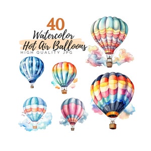 Watercolor Hot Air Balloons Clipart Bundle, Travel Clipart, Digital Download, Clouds Clipart, Nursery Decor, Watercolor Clipart, Scrapbook