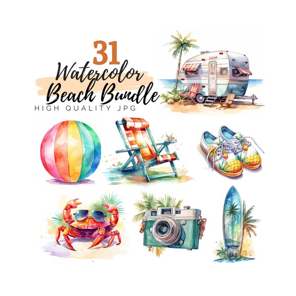 Watercolor Beach Clipart Bundle, Summer Clipart, Palm Clipart, Vacation Clipart, Digital Download, Lawn Chair, Flip Flop, Beach Bag, Lotion