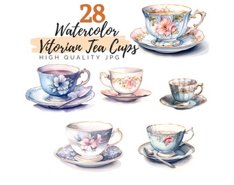 Acquerello vintage vittoriano tazze da tè Clipart, JPG di alta qualità, tazza da tè Clipart, download digitale, clipart acquerello, Tea Party, Scrapbook