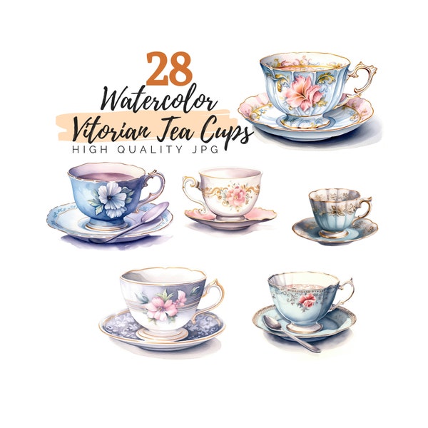 Watercolor Vintage Victorian Tea Cups Clipart, High Quality JPG, Teacup Clipart, Digital Download, Watercolor Clipart, Tea Party, Scrapbook