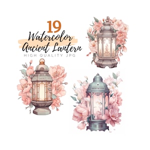 Watercolor Ancient Lantern Clipart, Candle Clipart, Cottagecore Lantern, Digital Download, Antique Clipart, Floral Lantern, Floral Antique