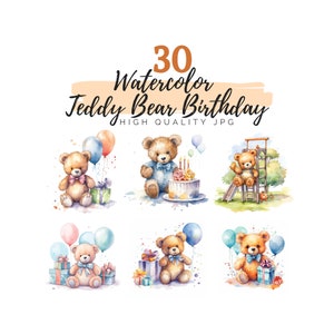 Pacote de clipart de aniversário de ursinho de pelúcia aquarela, clipart de pelúcia, clipart de urso, clipart de aniversário, clipart de festa, clipart de celebração, clipart de bolo
