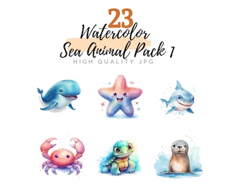 Watercolor Sea Animal Pack Clipart, Sea Creature Clipart, Digital Download, Turtle, Octopus, Crab, Shark, Starfish, Whale Clipart