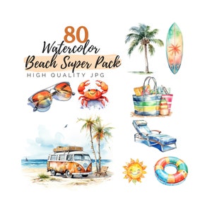 Watercolor Beach Clipart Super Pack, Summer Clipart, Tropical Beach, High Quality JPG, Watercolor Clipart, Ocean Clipart, Beach Landscape