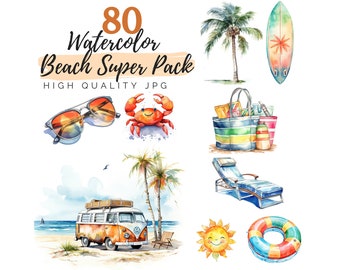 Akwarela Plaża Clipart Super Pack, Lato Clipart, Tropikalna Plaża, Wysokiej Jakości JPG, Akwarela Clipart, Ocean Clipart, Krajobraz Plaży