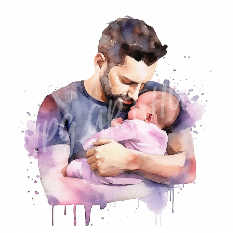 Pode incluir: Uma pintura em aquarela de um pai segurando um beb&ecirc; dormindo em seus bra&ccedil;os. O pai olha para o beb&ecirc; com uma express&atilde;o de amor. A pintura &eacute; feita em cores suaves e apagadas e tem uma sensa&ccedil;&atilde;o suave e calmante.