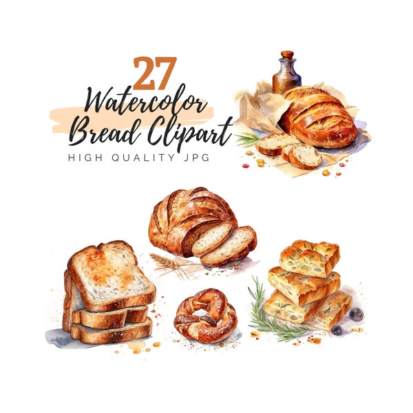 Watercolor Bread Clipart, Bakery Bread, Artisan Bread, Digital Download, Commercial Use, Baking Clipart, French Baguette, Pretzel Clipart