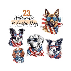 Watercolor Patriotic Dogs Clipart Bundle, 4th of July, Memorial Day Clipart, American Clipart, Pets Clipart, Digital Download