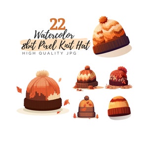 8bit Pixel Autumn Knit Hat Clipart, JPG de haute qualité, Téléchargement numérique, Clipart d’automne, Vêtements confortables, Clipart d’automne, Chapeau tricoté imprimable