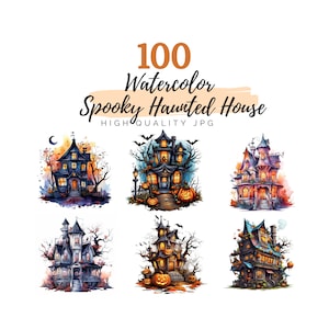 Watercolor Spooky Haunted House Clipart, High Quality JPG, Digital Download, Watercolor Clipart, Watercolor Halloween Clipart, Spooky Castle