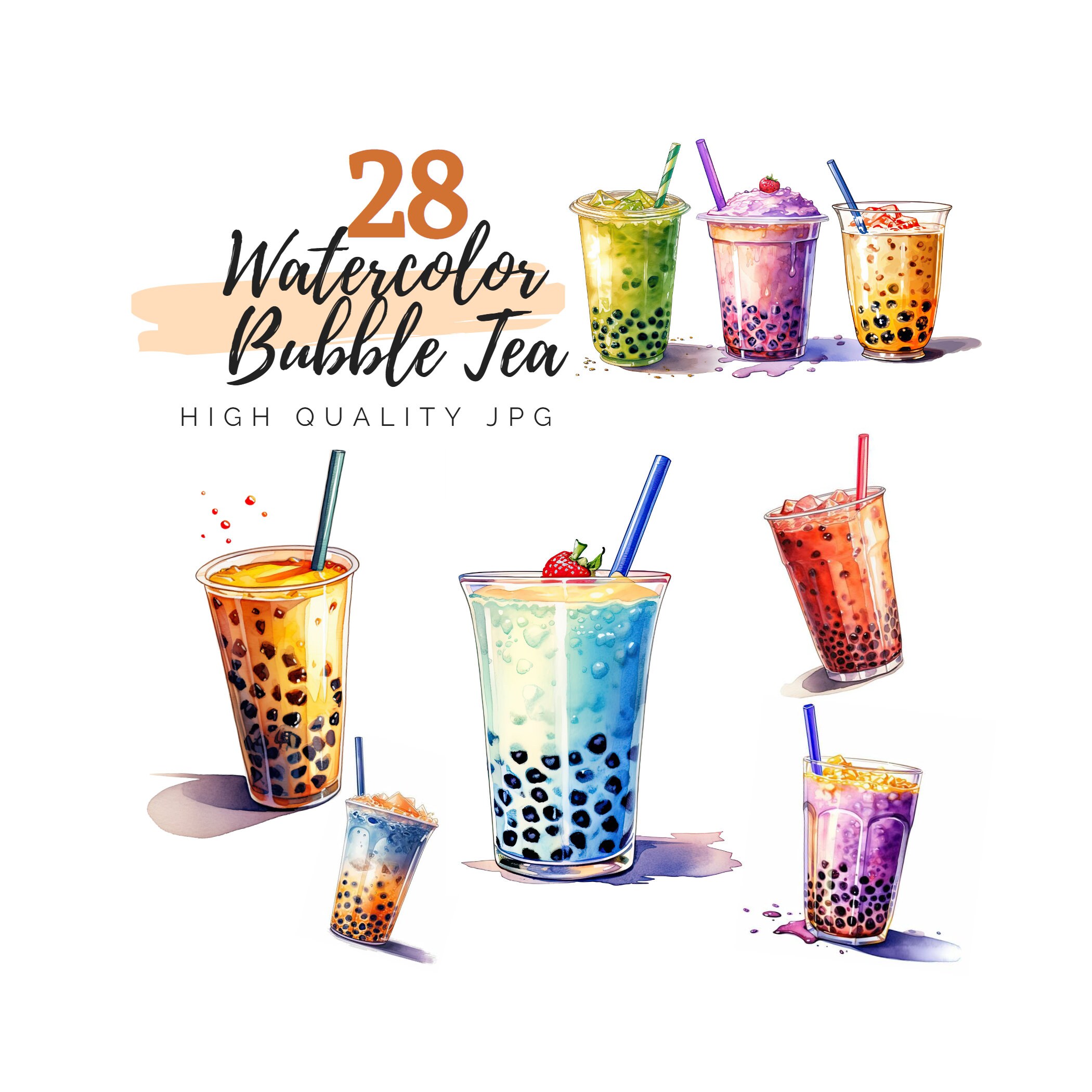 Watercolor Bubble Tea Clipart, Boba Clipart, Drink Clipart, Digital