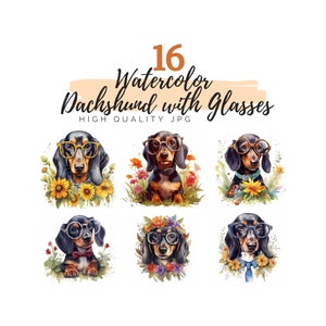 Watercolor Dachshund with Glasses Clipart, Dachshund Clipart, Puppy Clipart, Dog with Glasses, Digital Download, Funny Dog Clipart