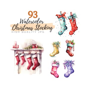 Watercolor Christmas Stocking Clipart, High Quality JPG, Digital Download, Watercolor Clipart, Colorful Stockings, Christmas Clipart