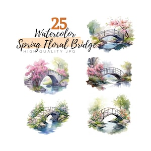 Acuarela primavera floral puente clipart, puente de jardín, descarga digital, imágenes prediseñadas florales, imágenes prediseñadas de primavera, puente de acuarela, paisaje