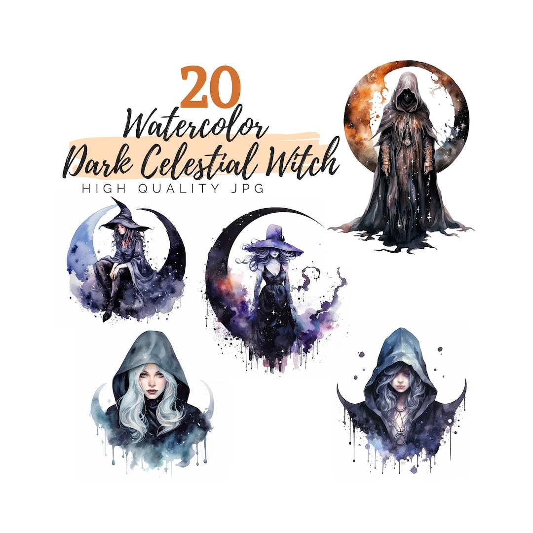 Watercolor Dark Celestial Witch Clipart, Halloween Clipart, Digital ...