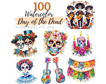 Può includere: Un set di 100 illustrazioni ad acquerello con immagini del Día de Muertos. Le illustrazioni includono scheletri che suonano la chitarra, un teschio con fiori, una coppia di scheletri, un teschio con candele, uno stendardo con bandiere colorate e due chitarre con motivi floreali.