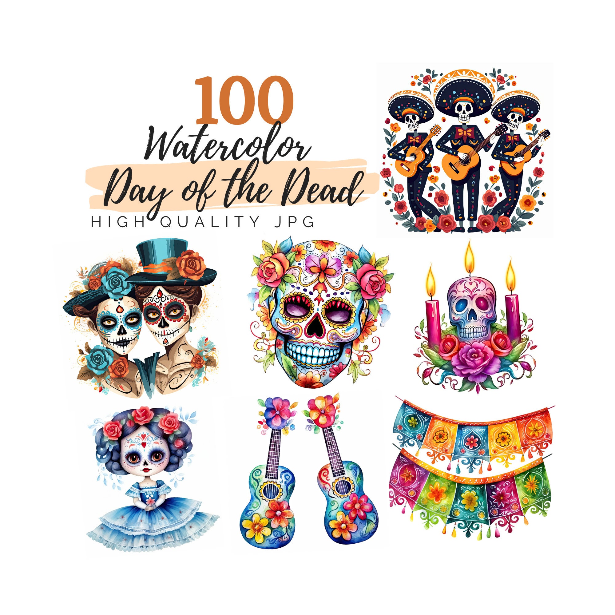 Day of the Death Clipart Bundle, High Quality JPG, Digital Download, Watercolor Clipart, Dia de los Muertos, Sugar Skulls, Catrina, Mexican