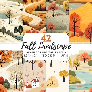 Seamless Fall Landscape Digital Paper Pack, Fall Seamless Pattern, Autumn Background, Fall Scrapbook Paper, Autumn Pattern, Fall Background