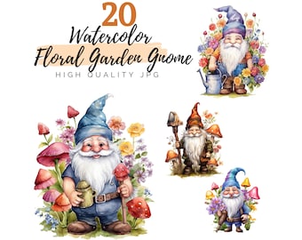 Clipart Gnomo floreale acquerello, Clipart floreale fantasy, JPG di alta qualità, Download digitale, Clipart da giardino, Gnomo da giardino, Gnomo acquerello