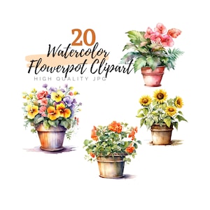 May include: A set of 20 watercolour flowerpot clipart images. The clipart features various flowers in pots, including pansies, sunflowers, and geraniums. The images are high quality JPGs.