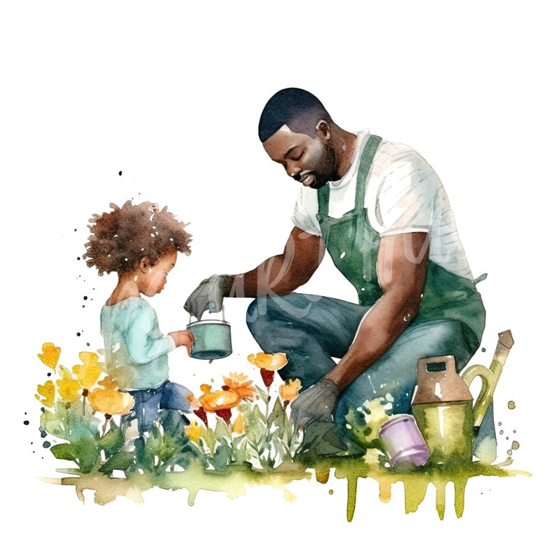Pode incluir: Um pai e uma crian&ccedil;a est&atilde;o trabalhando juntos no jardim. O pai est&aacute; ajoelhado e usando um avental verde, enquanto a crian&ccedil;a segura um regador. Eles est&atilde;o cercados por flores coloridas.