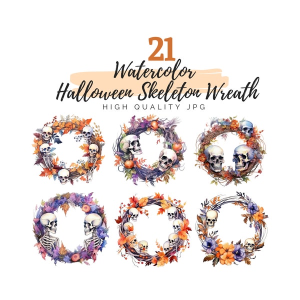 Watercolor Halloween Skeleton Wreath Clipart, Halloween Clipart, Digital Download, Watercolor Clipart, Skeleton Clipart, Spooky Clipart